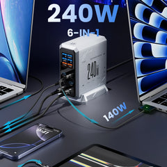 240W GaN Fast Charger PD3.1 | 6-Port USB-C Charging Station for Laptop & Phone